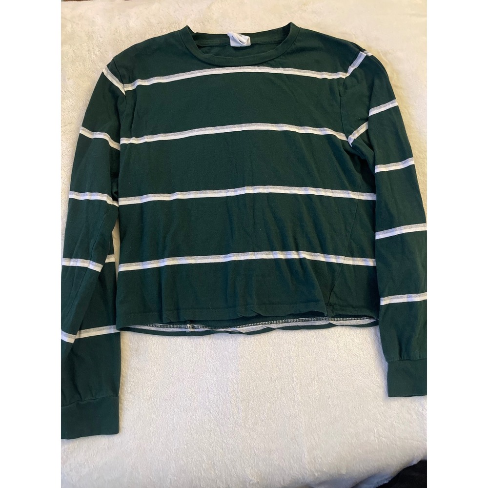 Destined Women Forest Green White Striped Long Sleeve Cropped T-Shirt XS Cotton